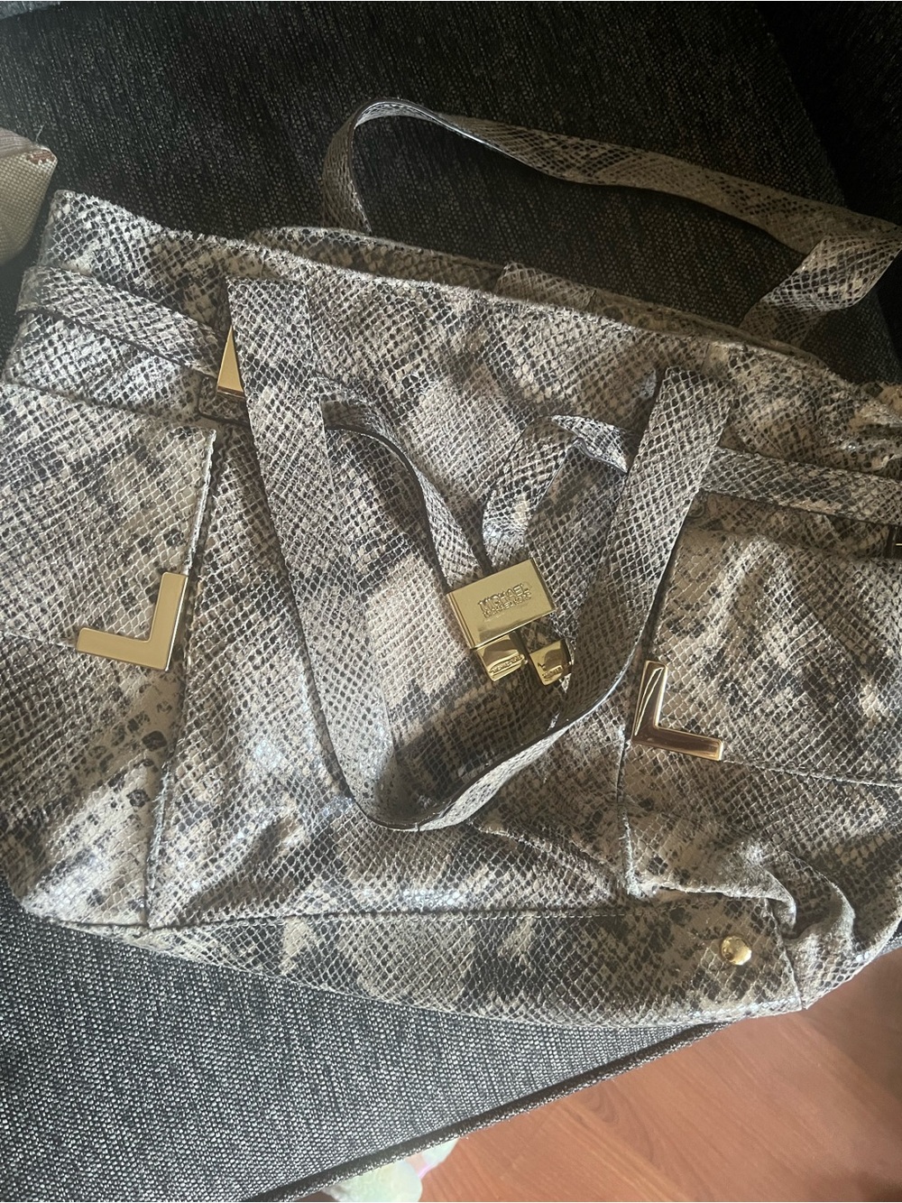 Michael Kors Metallic Snake-Print Satchel with Gold Accents